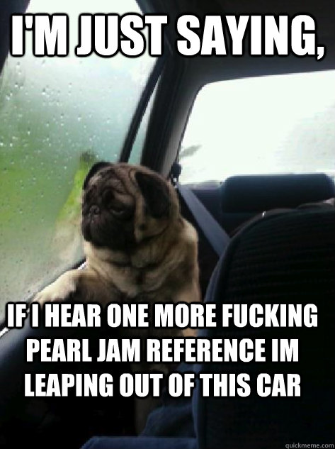 I'm just saying, if i hear one more fucking pearl jam reference im leaping out of this car  Introspective Pug