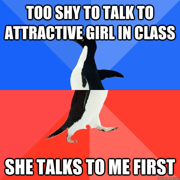 Too shy to talk to attractive girl in class She talks to me first  Socially Awkward Awesome Penguin