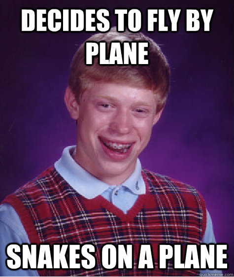 Decides to fly by plane snakes on a plane  Bad Luck Brian