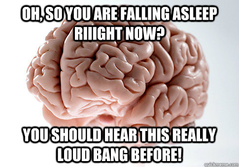 OH, SO YOU ARE FALLING ASLEEP RIIIGHT NOW? YOU SHOULD HEAR THIS REALLY LOUD BANG BEFORE!  Scumbag Brain