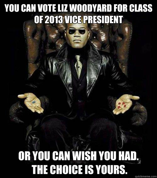 You can vote Liz Woodyard for class of 2013 Vice President or you can WISH you had.
 the choice is yours.  Morpheus