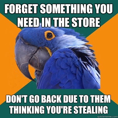 Forget something you need in the store Don't go back due to them thinking you're stealing - Forget something you need in the store Don't go back due to them thinking you're stealing  Paranoid Parrot