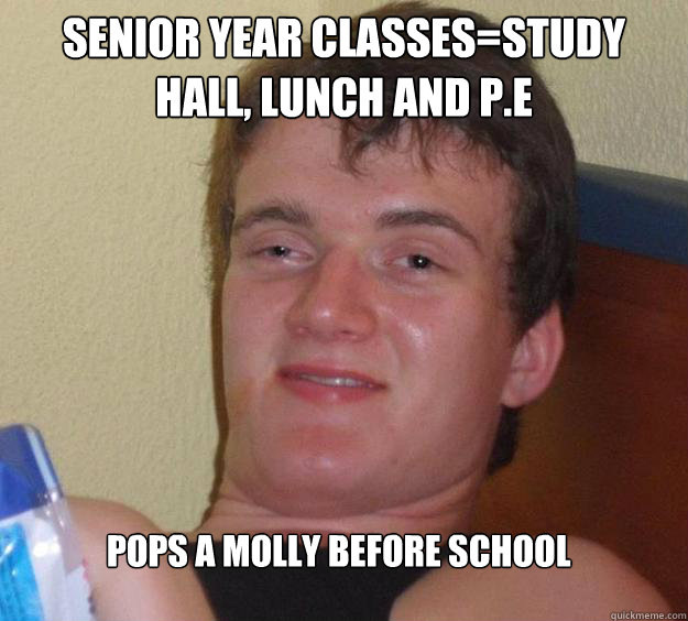 Senior year classes=Study hall, Lunch and P.E Pops a molly before school 
  10 Guy