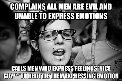 Complains all men are evil and unable to express emotions Calls men who express feelings 'Nice Guy™' to belittle them expressing emotion  Hypocrite Feminist