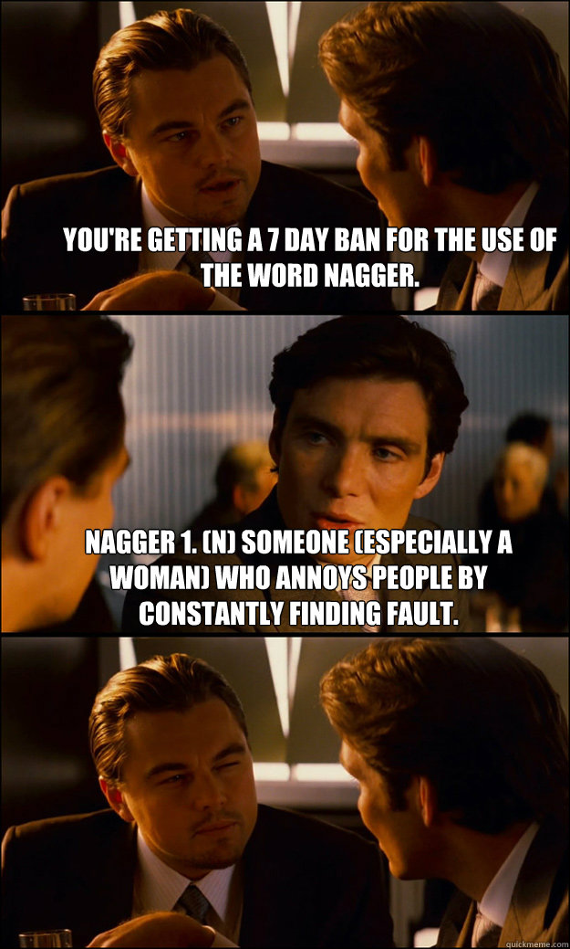 you're getting a 7 day ban for the use of the word nagger. Nagger 1. (N) someone (especially a woman) who annoys people by constantly finding fault.  - you're getting a 7 day ban for the use of the word nagger. Nagger 1. (N) someone (especially a woman) who annoys people by constantly finding fault.   Inception