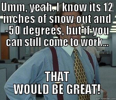 UMM, YEAH. I KNOW ITS 12 INCHES OF SNOW OUT AND -50 DEGREES, BUT IF YOU CAN STILL COME TO WORK... THAT WOULD BE GREAT! Bill Lumbergh