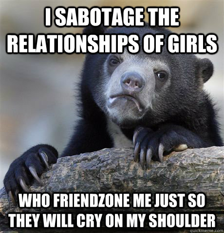 I sabotage the relationships of girls   who friendzone me just so they will cry on my shoulder  Confession Bear