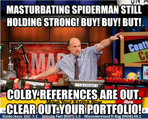 MASTURBATING SPIDERMAN STILL HOLDING STRONG! BUY! BUY! BUT! COLBY REFERENCES ARE OUT.  CLEAR OUT YOUR PORTFOLIO!  Jim Kramer with updated ticker