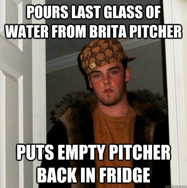 Pours last glass of water from brita pitcher Puts empty pitcher back in fridge - Pours last glass of water from brita pitcher Puts empty pitcher back in fridge  Scumbag Steve