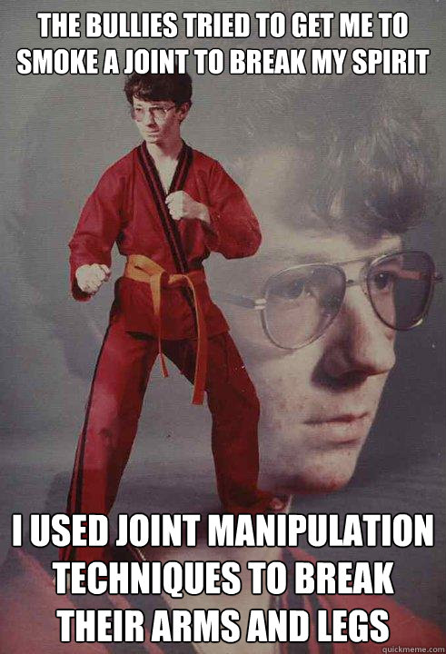 The Bullies Tried to get me to smoke a joint to break my spirit I used joint manipulation techniques to break their arms and legs  Karate Kyle