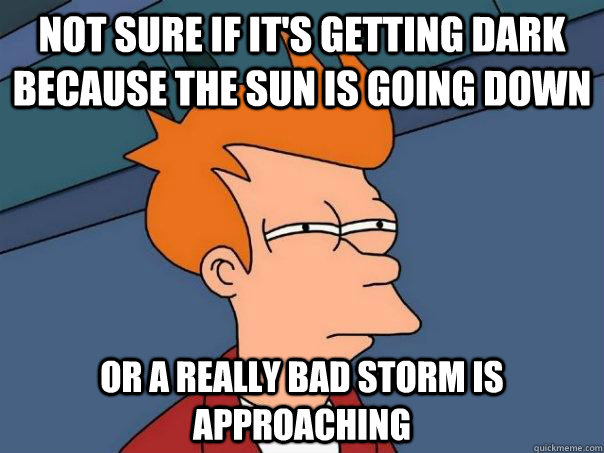 Not sure if it's getting dark because the sun is going down or a really bad storm is approaching  Futurama Fry