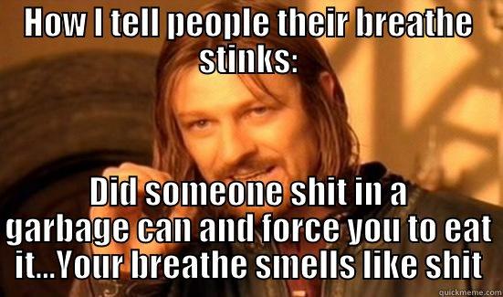 Smelly  - HOW I TELL PEOPLE THEIR BREATHE STINKS: DID SOMEONE SHIT IN A GARBAGE CAN AND FORCE YOU TO EAT IT...YOUR BREATHE SMELLS LIKE SHIT Boromir