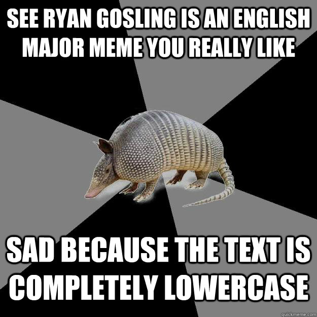 See Ryan Gosling is an English Major meme you really like Sad because the text is completely lowercase - See Ryan Gosling is an English Major meme you really like Sad because the text is completely lowercase  English Major Armadillo