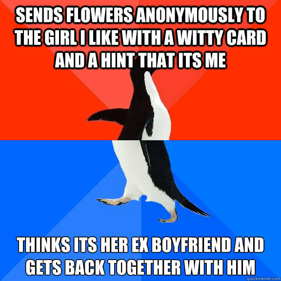 Sends flowers anonymously to the girl I like with a witty card and a hint that its me Thinks its her ex boyfriend and gets back together with him  