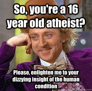 So, you're a 16 year old atheist? Please, enlighten me to your  dizzying insight of the human condition - So, you're a 16 year old atheist? Please, enlighten me to your  dizzying insight of the human condition  Condescending Wonka