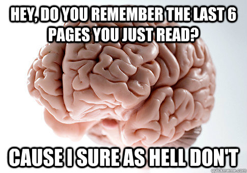 hey, do you remember the last 6 pages you just read? cause i sure as hell don't  Scumbag Brain