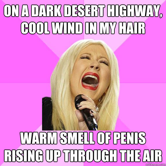 On a dark desert highway, cool wind in my hair warm smell of penis rising up through the air  Wrong Lyrics Christina