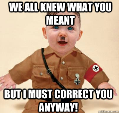 We all knew what you meant But I must correct you anyway! - We all knew what you meant But I must correct you anyway!  Grammar Nazi Baby Hitler