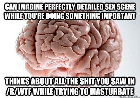 CAN IMAGINE PERFECTLY DETAILED SEX SCENE WHILE YOU'RE DOING SOMETHING IMPORTANT THINKS ABOUT ALL THE SHIT YOU SAW IN /R/WTF WHILE TRYING TO MASTURBATE   Scumbag Brain