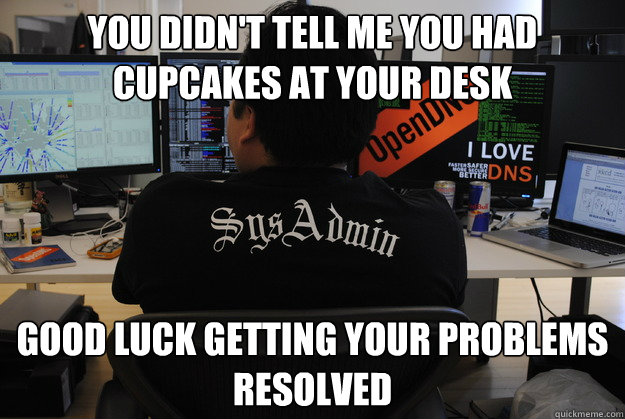 You didn't tell me you had cupcakes at your desk Good luck getting your problems resolved  Success SysAdmin