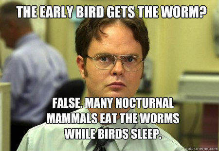 The early bird gets the worm? False. Many nocturnal mammals eat the worms while birds sleep.   Schrute