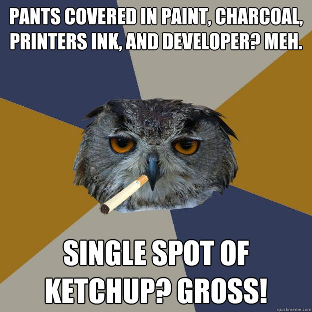 pants covered in paint, charcoal, printers ink, and developer? Meh. single spot of ketchup? GROSS!  Art Student Owl