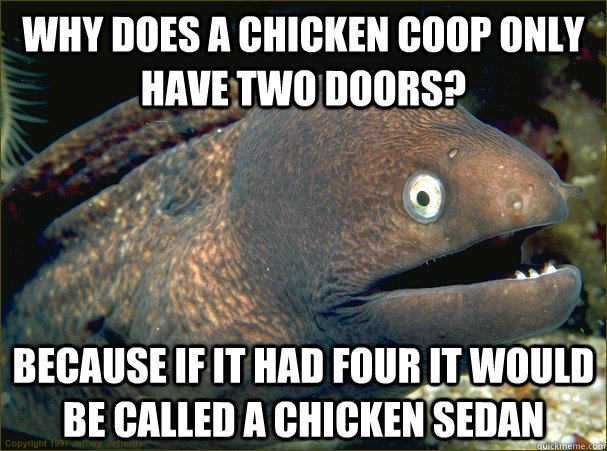 Why does a chicken coop only have two doors? Because if it had four it would be called a chicken sedan   Bad Joke Eel