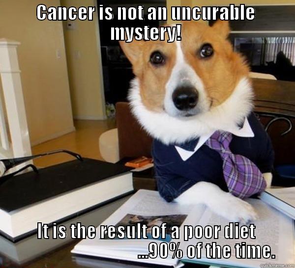 CANCER IS NOT AN UNCURABLE MYSTERY! IT IS THE RESULT OF A POOR DIET                                    ...90% OF THE TIME. Lawyer Dog