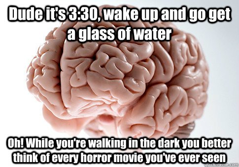 Dude it's 3:30, wake up and go get a glass of water Oh! While you're walking in the dark you better think of every horror movie you've ever seen  - Dude it's 3:30, wake up and go get a glass of water Oh! While you're walking in the dark you better think of every horror movie you've ever seen   Scumbag Brain