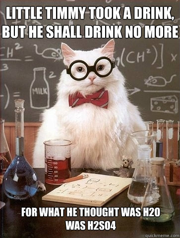 Little Timmy took a drink, but he shall drink no more For what he thought was H2O 
was H2SO4 - Little Timmy took a drink, but he shall drink no more For what he thought was H2O 
was H2SO4  Chemistry Cat