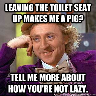 Leaving the toilet seat up makes me a pig? Tell me more about how you're not lazy.  Condescending Wonka