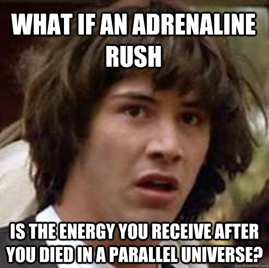 what if an adrenaline rush is the energy you receive after you died in a parallel universe?  conspiracy keanu