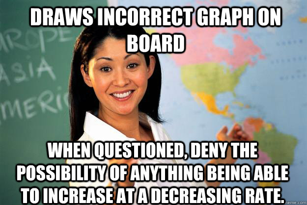 Draws Incorrect Graph on board When questioned, deny the possibility of anything being able to increase at a decreasing rate.  Unhelpful High School Teacher