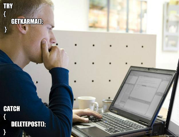 try 
{
       GetKarma();
 } catch
{
       DeletePost(); 
}  Programmer