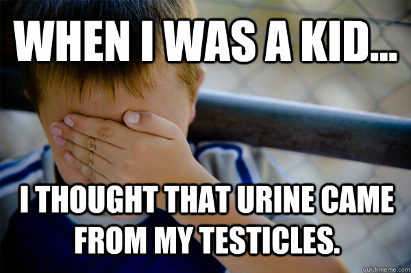 WHEN I WAS A KID... I thought that urine came from my testicles.  Confession kid