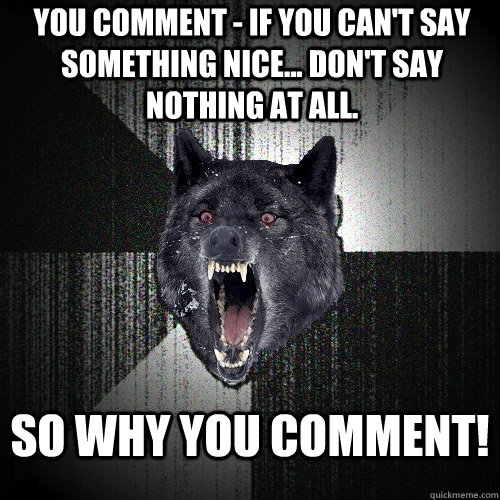 You comment - If you can't say something nice... don't say nothing at all. so why you comment!  Insanity Wolf