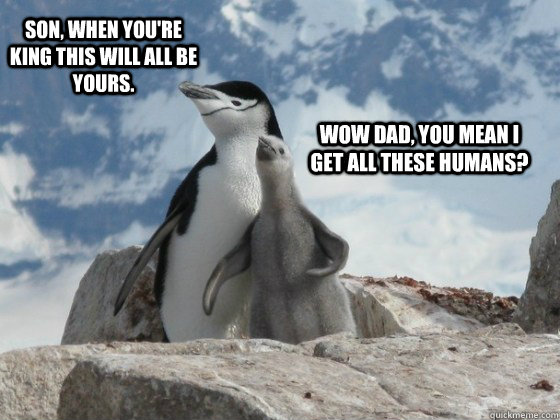 Son, when you're king this will all be yours. Wow dad, you mean I get all these humans? - Son, when you're king this will all be yours. Wow dad, you mean I get all these humans?  impressed baby penguin