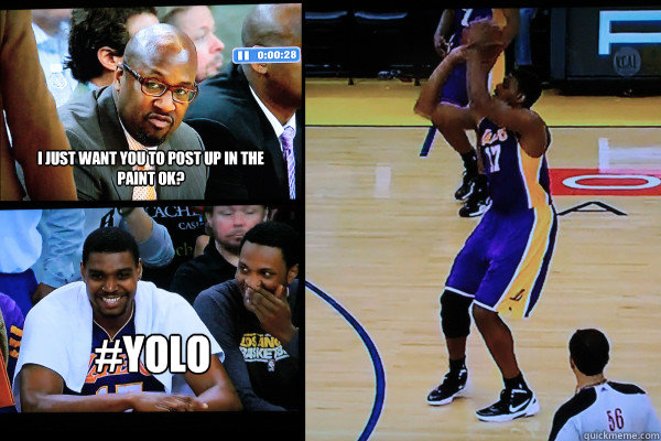 I just want you to post up in the paint ok? #YOLO  Andrew Bynum Takes a Three