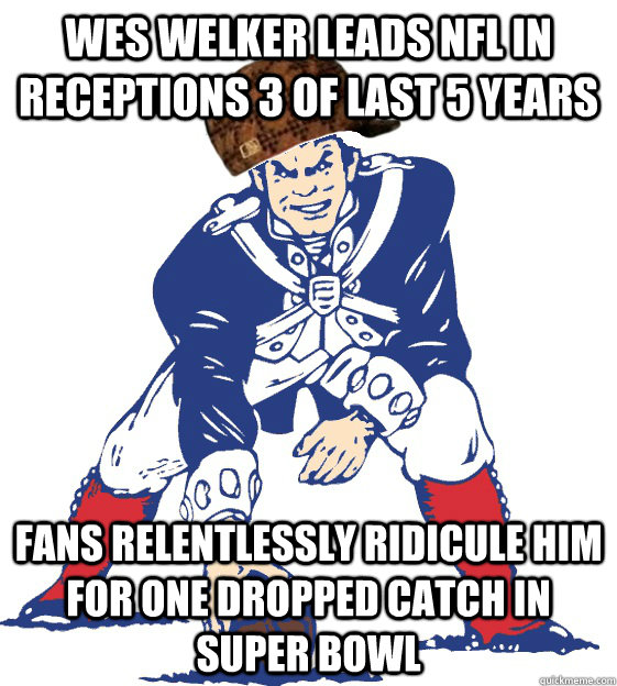 Wes Welker leads NFL in receptions 3 of last 5 years Fans relentlessly ridicule him for one dropped catch in Super Bowl - Wes Welker leads NFL in receptions 3 of last 5 years Fans relentlessly ridicule him for one dropped catch in Super Bowl  Scumbag Patriot Fans