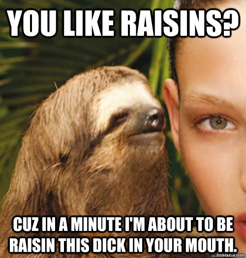 You like Raisins? Cuz in a minute I'm about to be raisin this dick in your mouth.  rape sloth