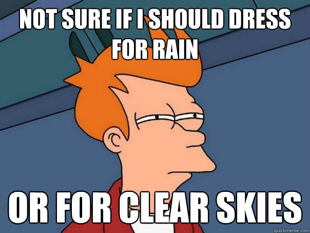 Not sure if I should dress for rain  Or for clear skies  Futurama Fry