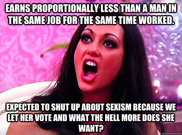 Earns proportionally less than a man in the same job for the same time worked. expected to shut up about sexism because we let her vote and what the Hell more does she want?  Feminist Nazi