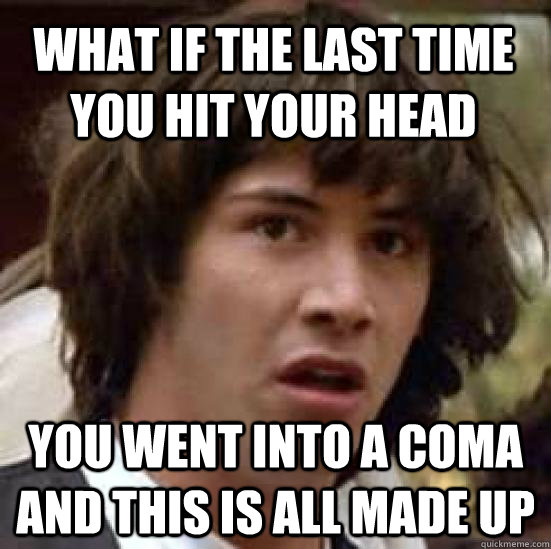 What if the last time you hit your head you went into a coma and this is all made up  conspiracy keanu