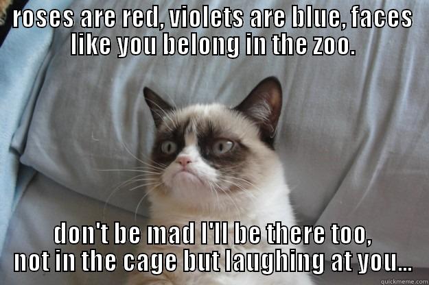 ROSES ARE RED, VIOLETS ARE BLUE, FACES LIKE YOU BELONG IN THE ZOO. DON'T BE MAD I'LL BE THERE TOO, NOT IN THE CAGE BUT LAUGHING AT YOU... Grumpy Cat