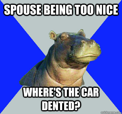 spouse being too nice where's the car dented?  Skeptical Hippo