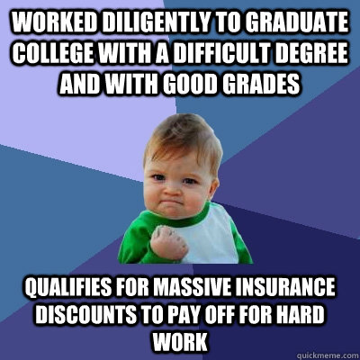 Worked diligently to graduate college with a difficult degree and with good grades qualifies for massive insurance discounts to pay off for hard work  Success Kid