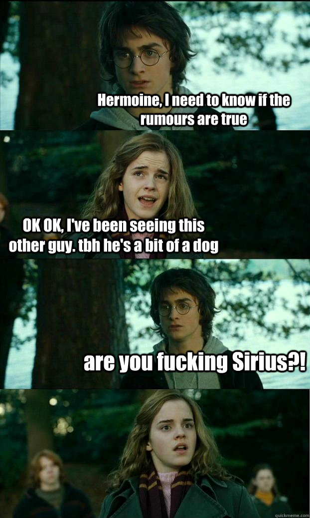 Hermoine, I need to know if the rumours are true OK OK, I've been seeing this other guy. tbh he's a bit of a dog are you fucking Sirius?! - Hermoine, I need to know if the rumours are true OK OK, I've been seeing this other guy. tbh he's a bit of a dog are you fucking Sirius?!  Horny Harry