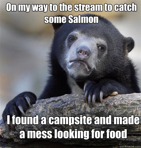 On my way to the stream to catch some Salmon I found a campsite and made a mess looking for food - On my way to the stream to catch some Salmon I found a campsite and made a mess looking for food  Confession Bear