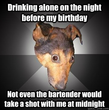 Drinking alone on the night before my birthday Not even the bartender would take a shot with me at midnight  Depression Dog