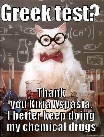 Me in the exam of greek  - GREEK TEST?  THANK YOU KIRIA ASPASIA. I BETTER KEEP DOING MY CHEMICAL DRUGS Chemistry Cat